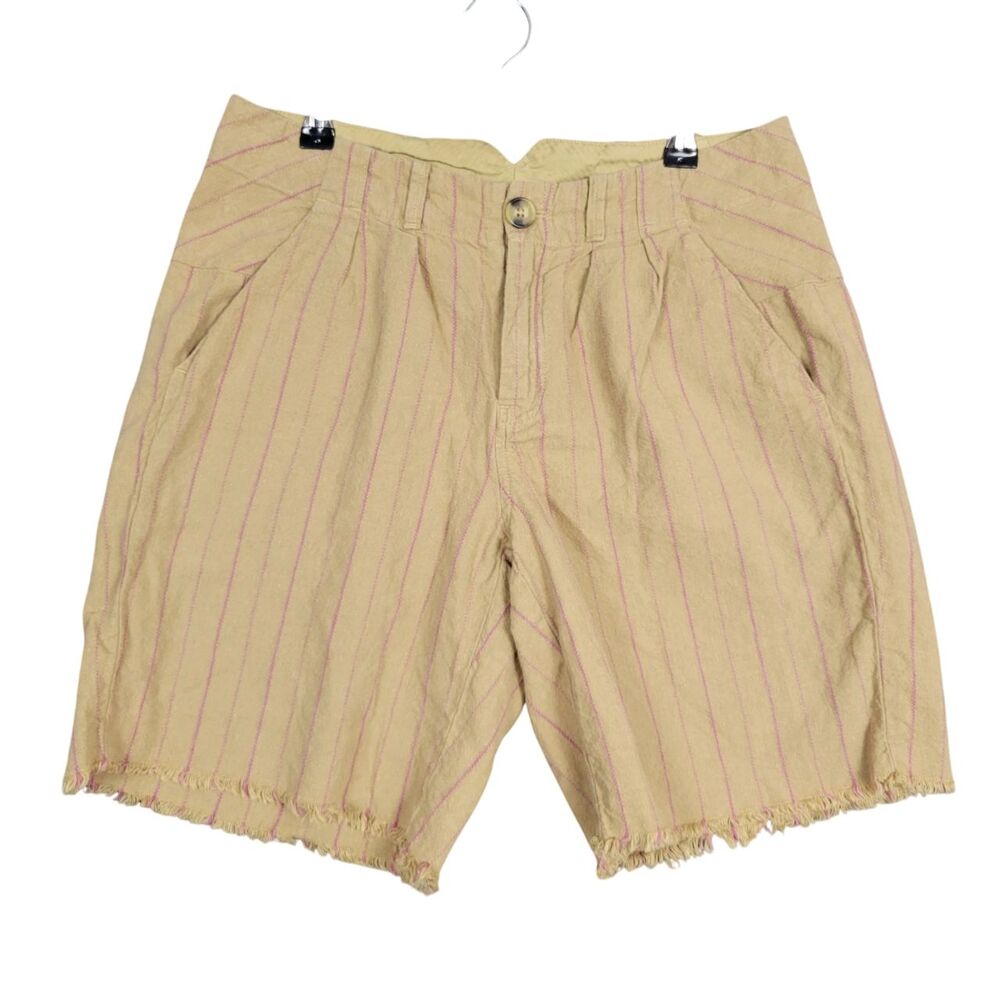 FREE PEOPLE OB1295054 Tan Pinstripe Linen Blend Raw Hem 8" Inseam Shorts SIZE 4